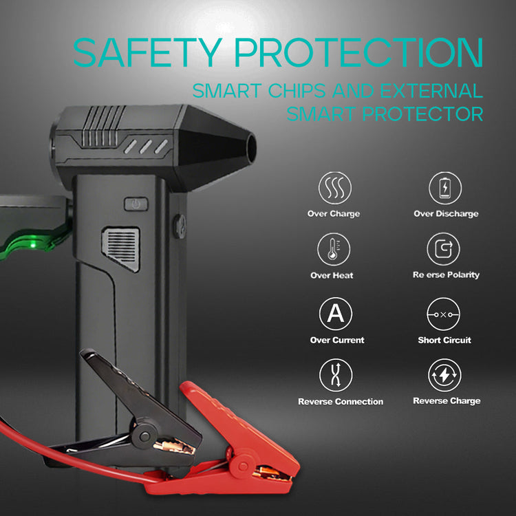 Jump starter with safety protection features on a dark background