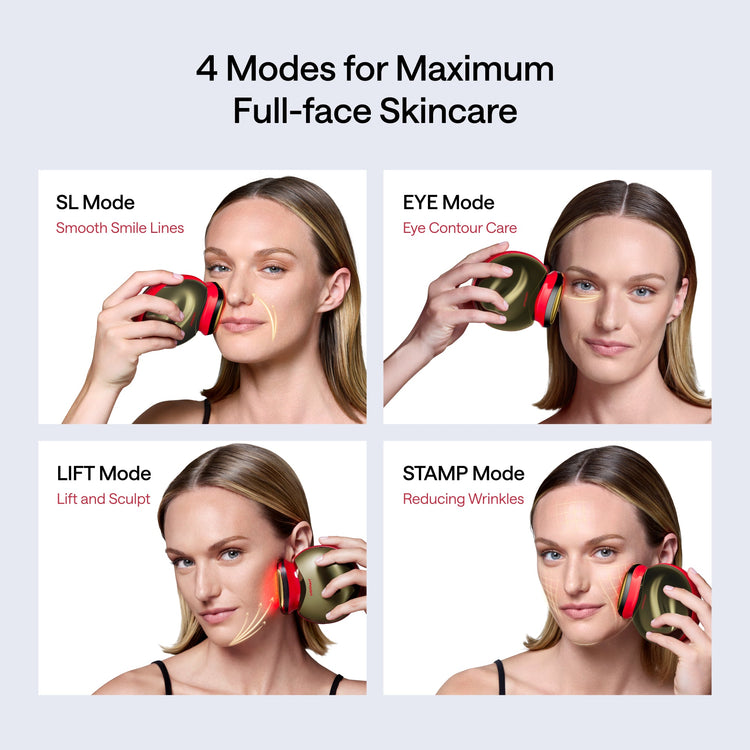Product demonstration with four modes for full-face skincare on a woman using a device.