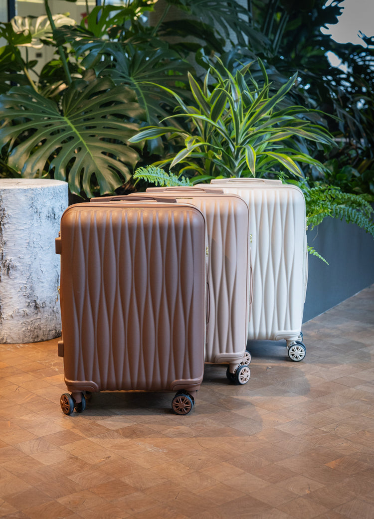 Two suitcases, one brown and one beige, on a wooden floor with plants in the background.