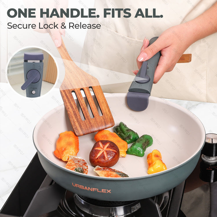 Person cooking vegetables in a pan with a spatula, featuring the Urbanflex handle.
