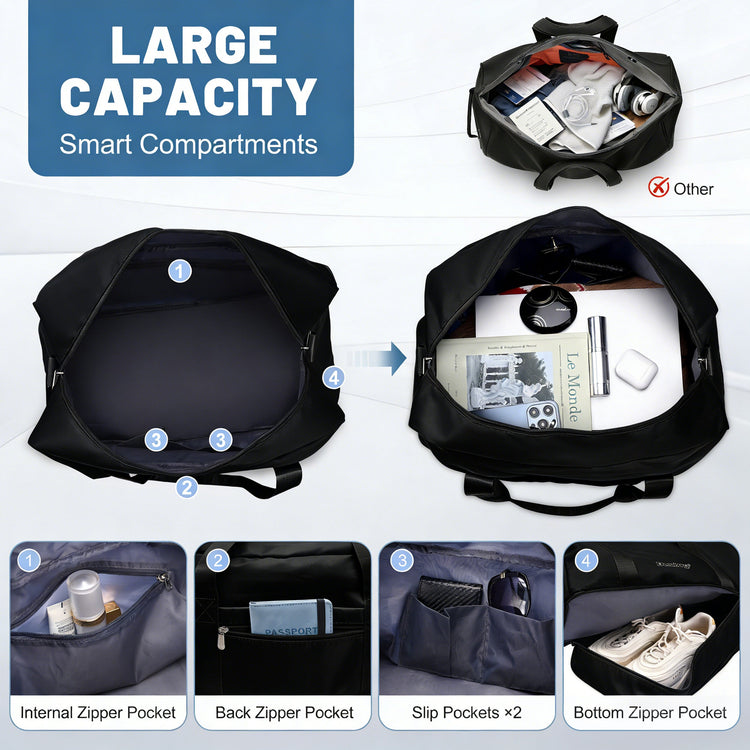 Black backpack with various compartments and items, highlighting its large capacity and smart compartments.