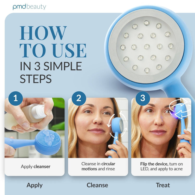 PMD Beauty device with instructions on how to use it in three simple steps.