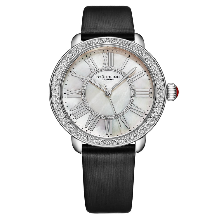 Stuhrling watch with black strap and silver dial on a white background
