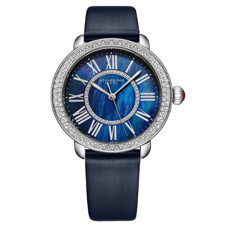 Stuhrling watch with blue face and dark blue strap on white background