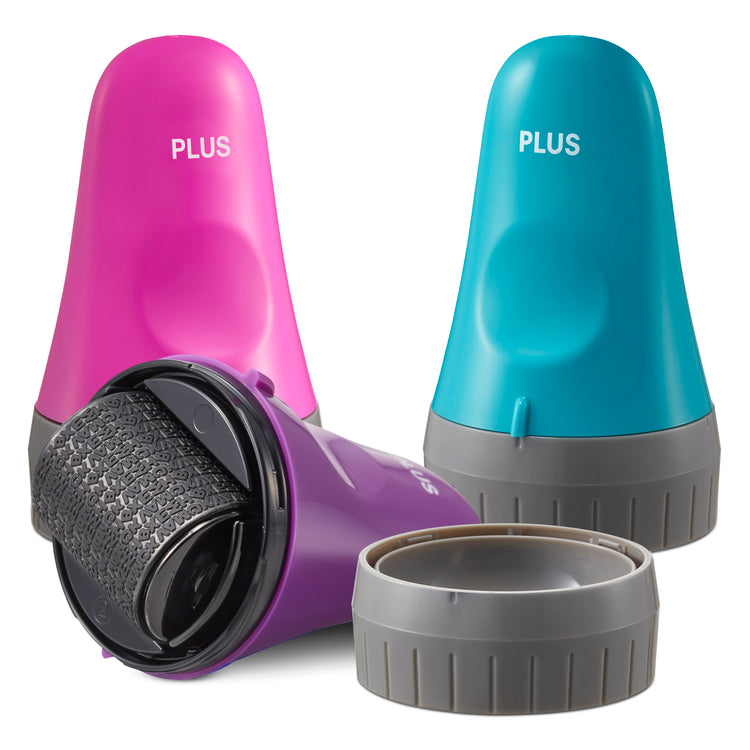 A set of four ID Defender rollers in pink, black, blue, and purple colors with a 'PLUS' sign on each.