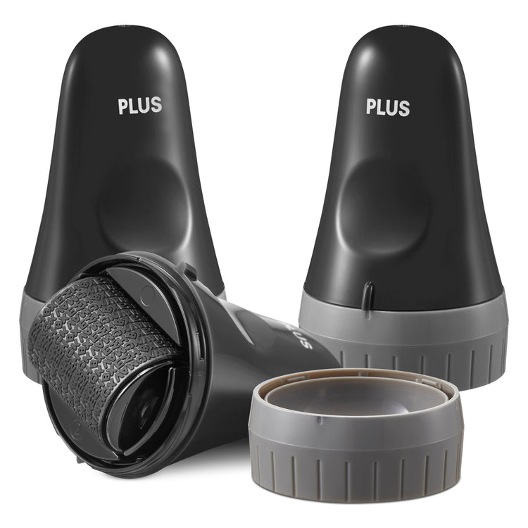 A set of four ID Defender rollers in pink, black, blue, and purple colors with a 'PLUS' sign on each.