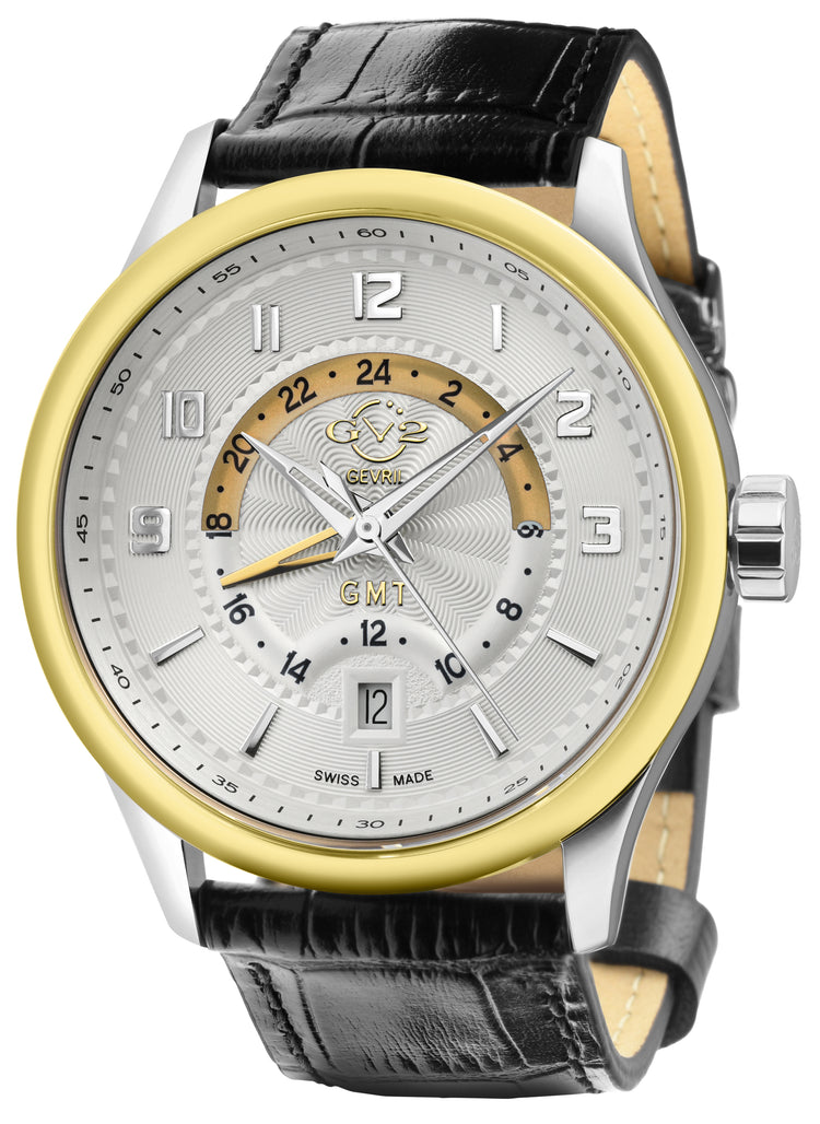 Luxury watch with black leather strap and gold and silver accents on a white background