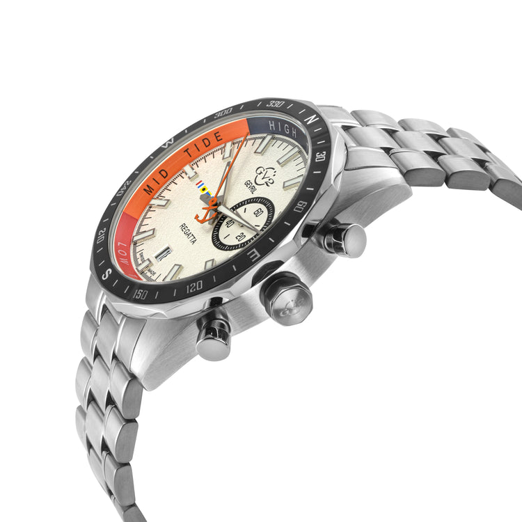 Wristwatch with a silver metal strap and a white face on a white background