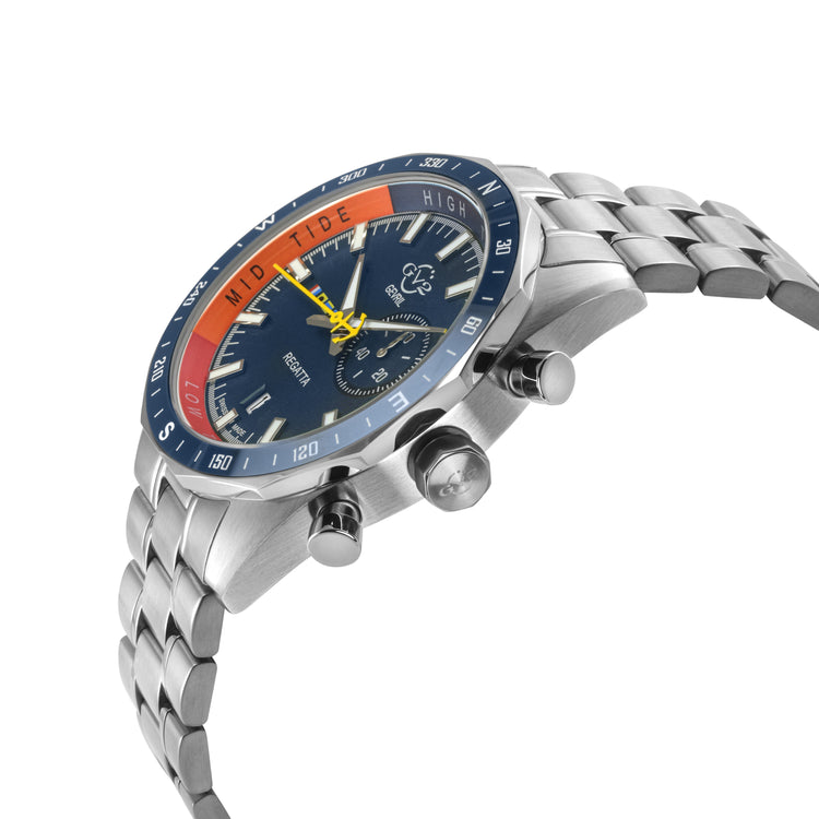 Wristwatch with a blue and orange face on a white background