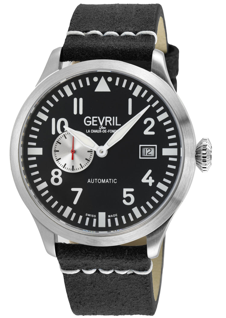 Gevril watch with black face and leather strap on a white background