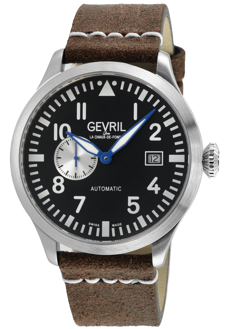 Gevril watch with brown leather strap and black dial on a white background