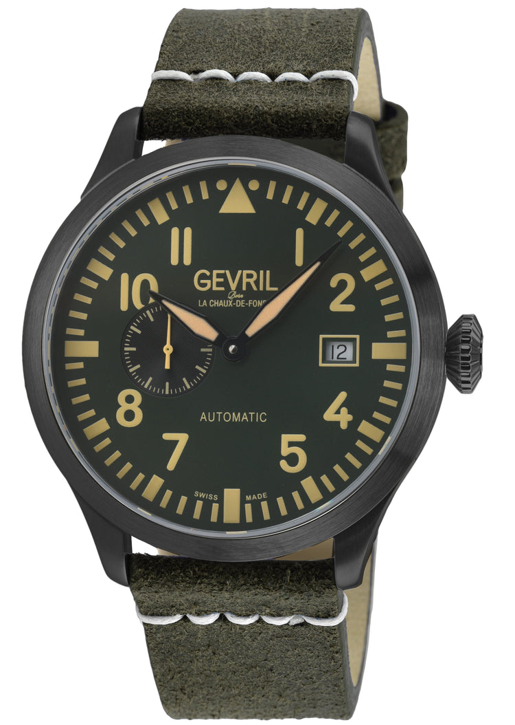 Gevril watch with green strap and black dial on a white background