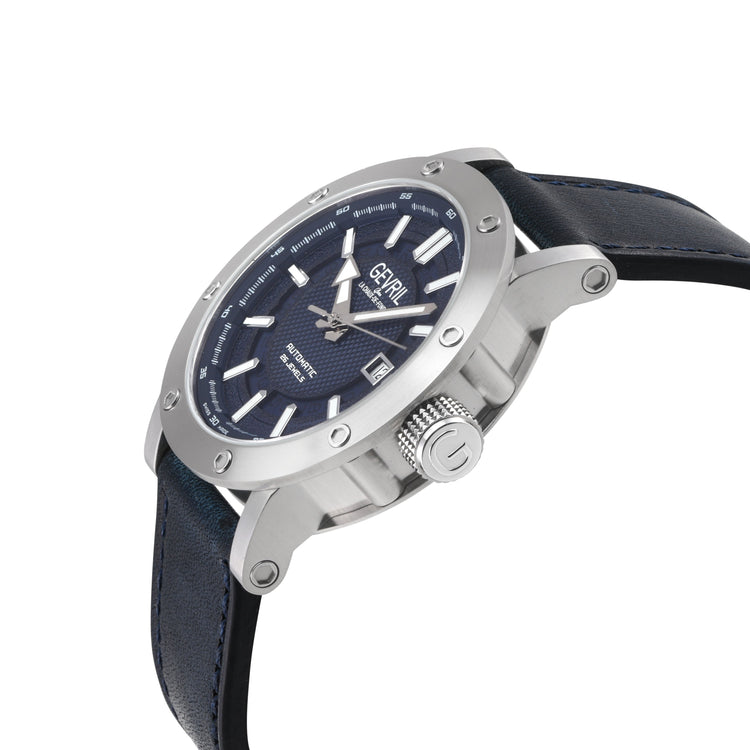 Watch with blue dial and black strap on a white background