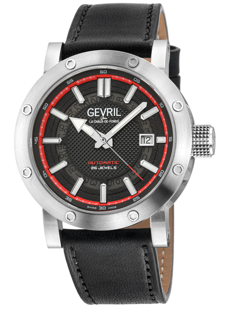 Gevril watch with black leather strap and red accents on a white background