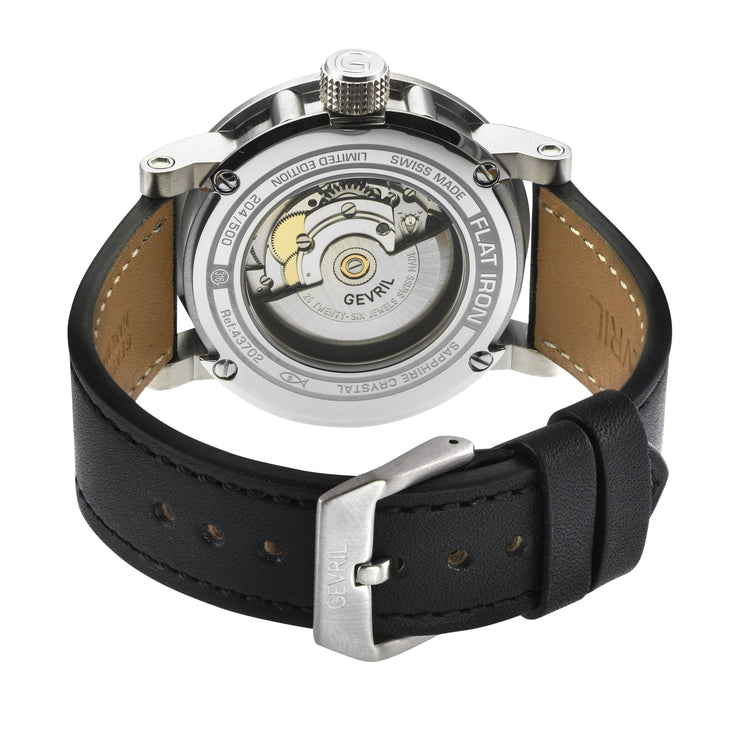 Watch with black leather strap and silver case on a white background
