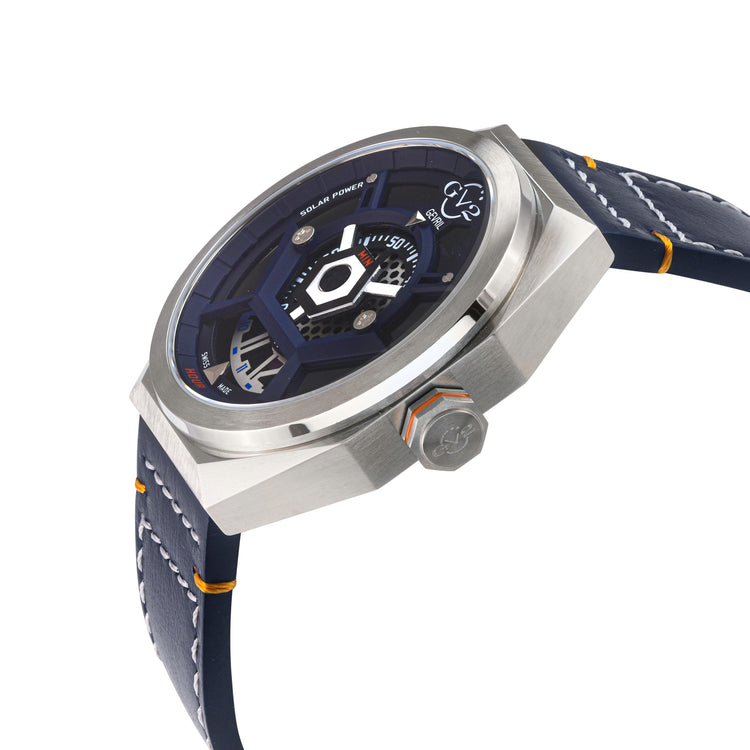 Watch with blue strap and silver case on a white background