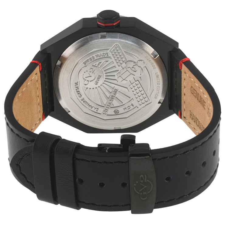 Back view of a black wristwatch with leather strap on a white background