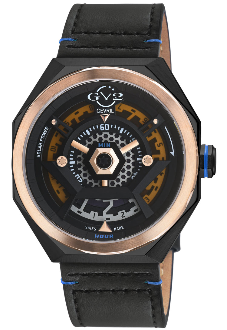 Luxury watch with black leather strap and rose gold case on white background