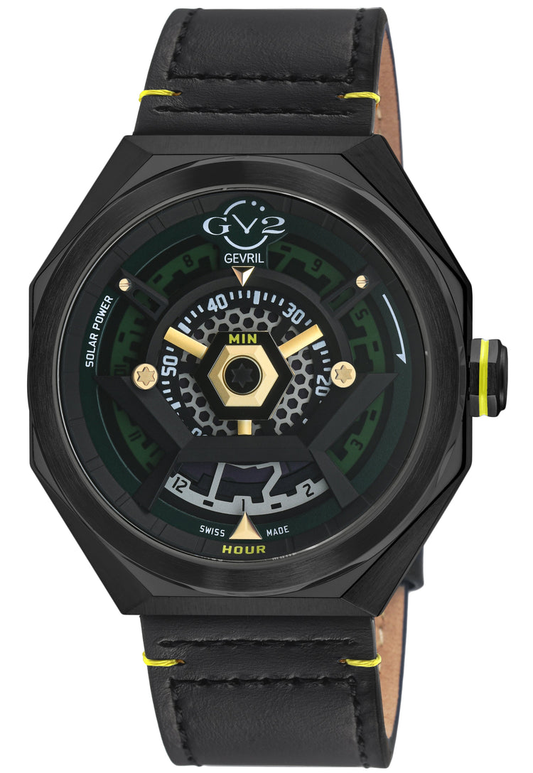 Black watch with green and gold details on a white background