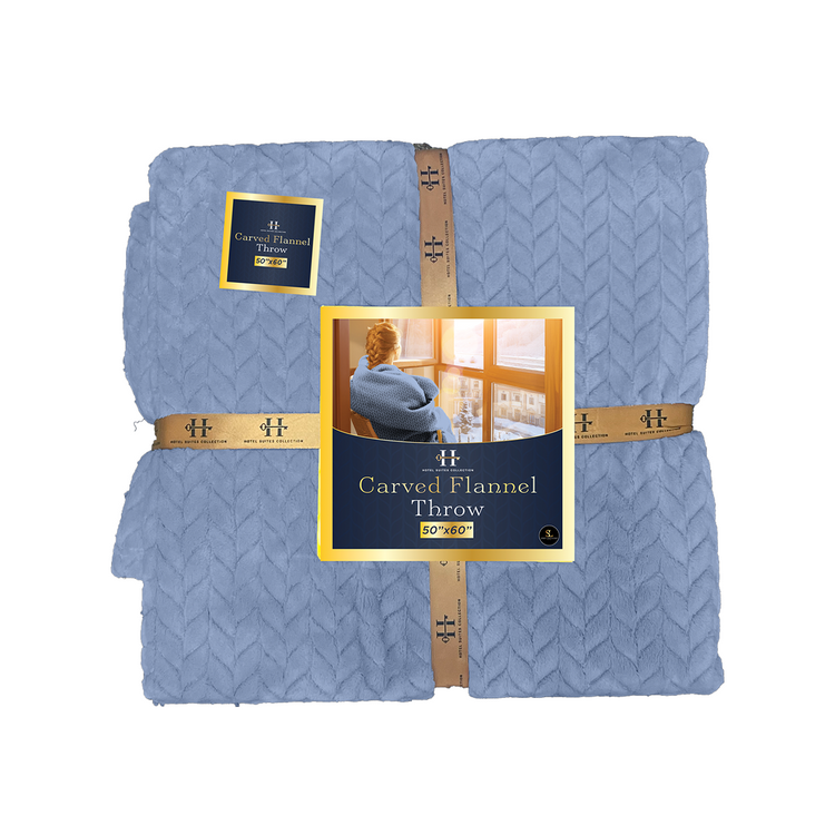 Blue flannel throw blanket with packaging on a white background