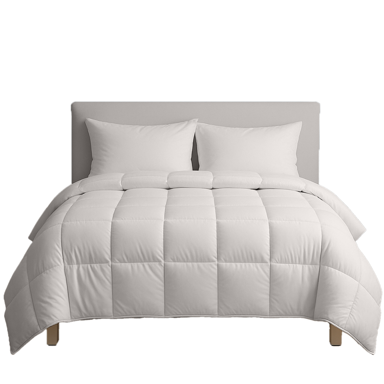 Gray comforter set on a bed with white pillows against a white background