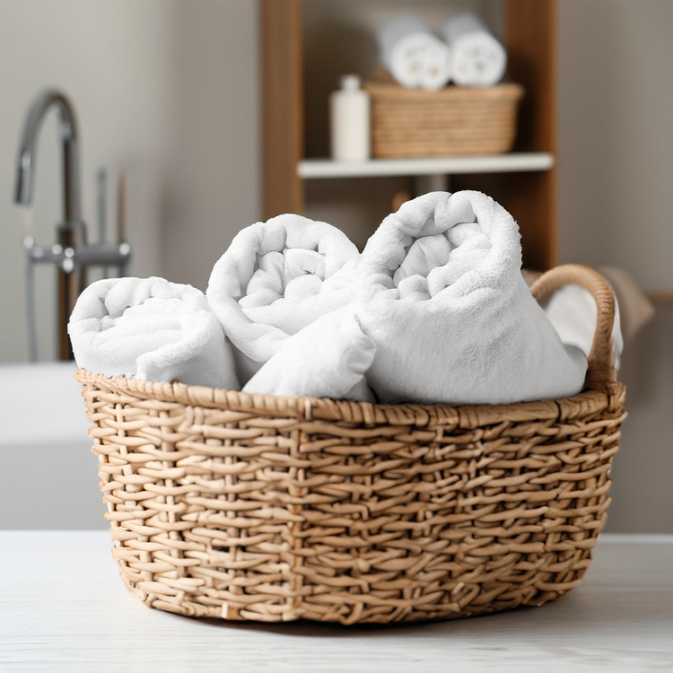 Wicker basket with white towels in a bathroom setting