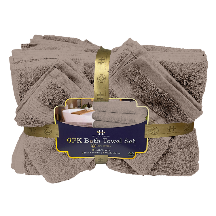 Packaged set of six brown bath towels with a brand label on a white background