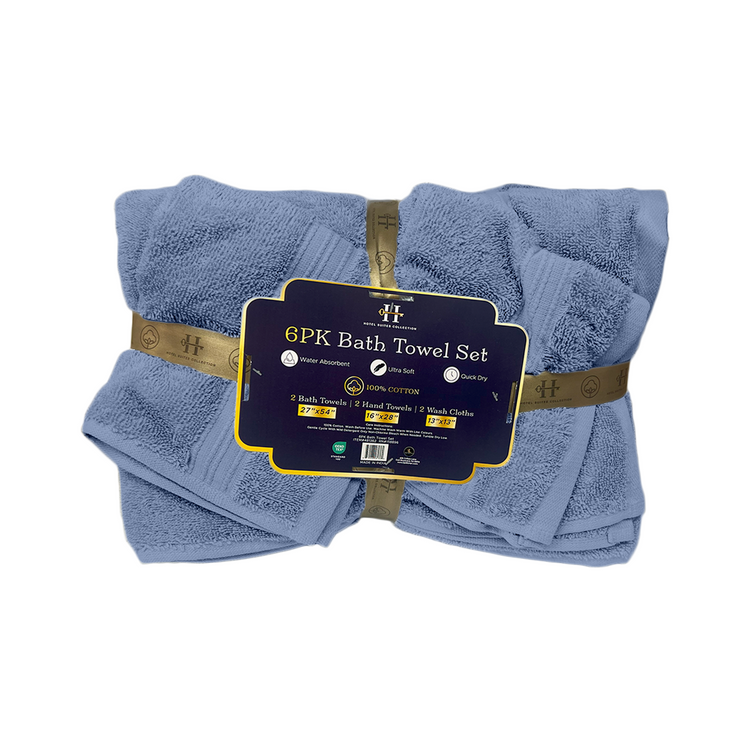 Packaged set of blue bath towels with a label on a white background