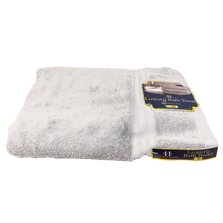 Folded gray bath towel with a visible brand label on a white background