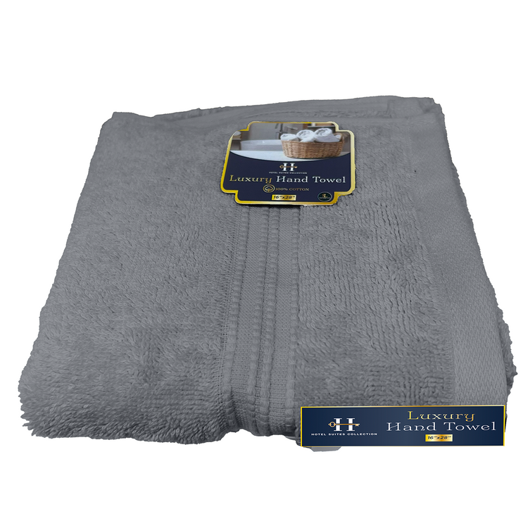 Gray luxury hand towel with brand label on a white background