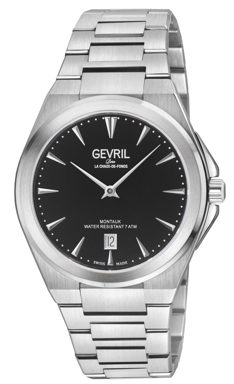 Silver watch with black dial on a white background