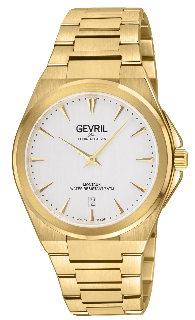 Gold wristwatch with white dial featuring the brand 'Gevril'.