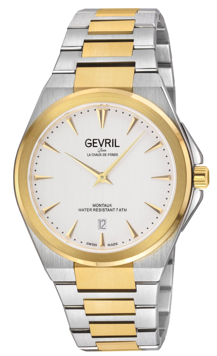 Two-tone silver and gold watch with white face displaying brand name on a white background