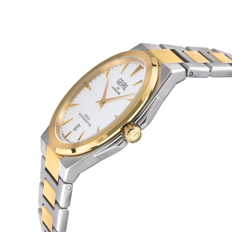 Two-tone silver and gold watch on a white background