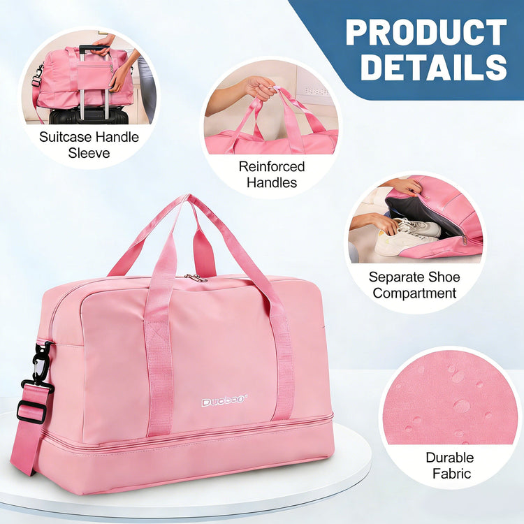 Pink travel bag with features highlighted on a white background