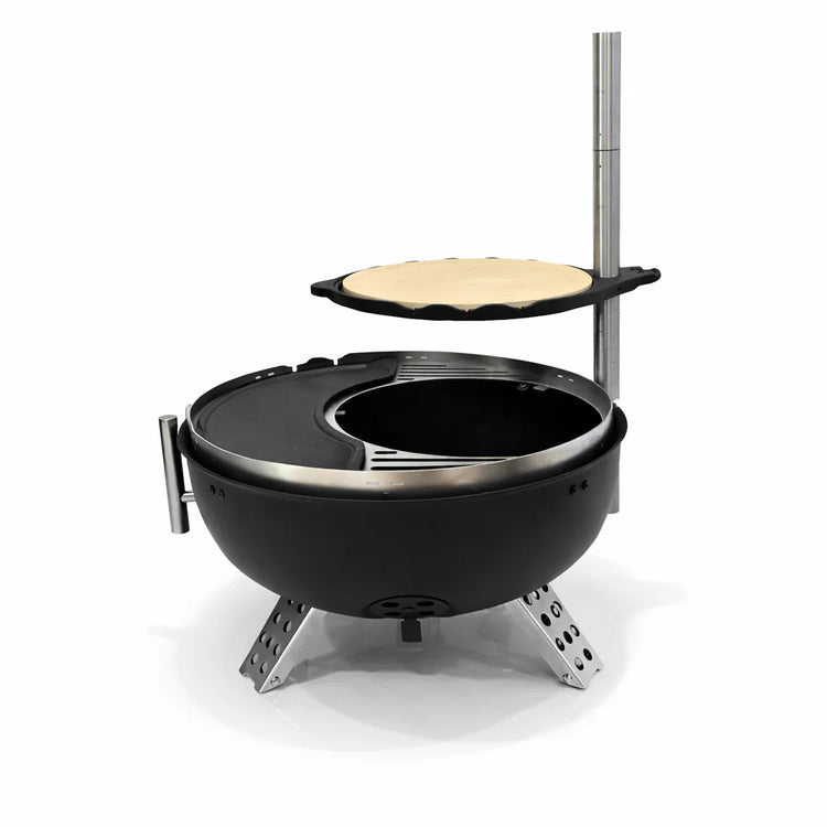 Portable outdoor grill with pizza stone on a white background