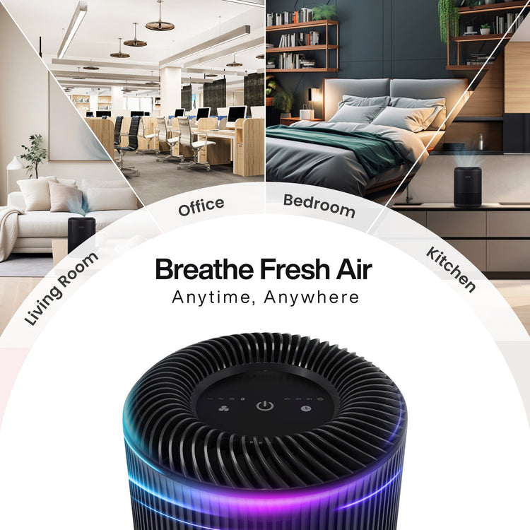 Air purifier with text indicating its use in various rooms and a lifestyle setting.