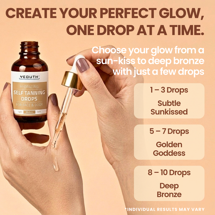 YOUTH Self-Tanning Drops with dropper and bottle on a beige background