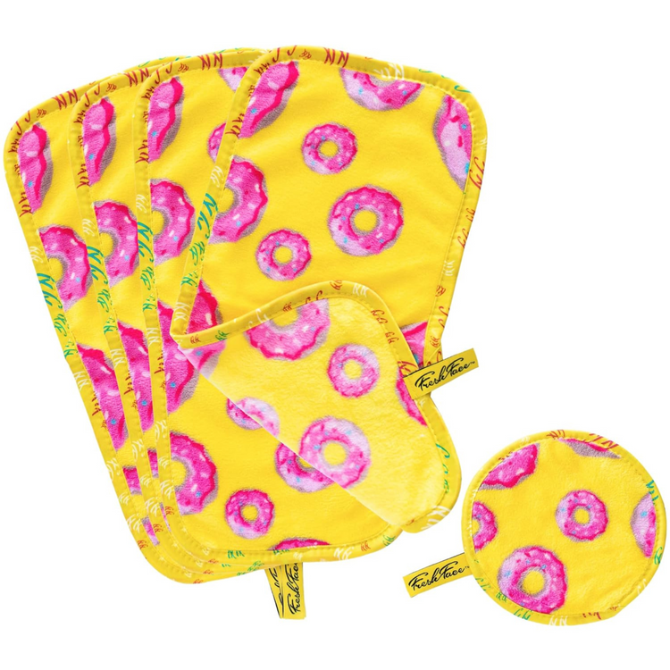 A set of colorful makeup remover towels with a ice cream pattern, displayed in various sizes.