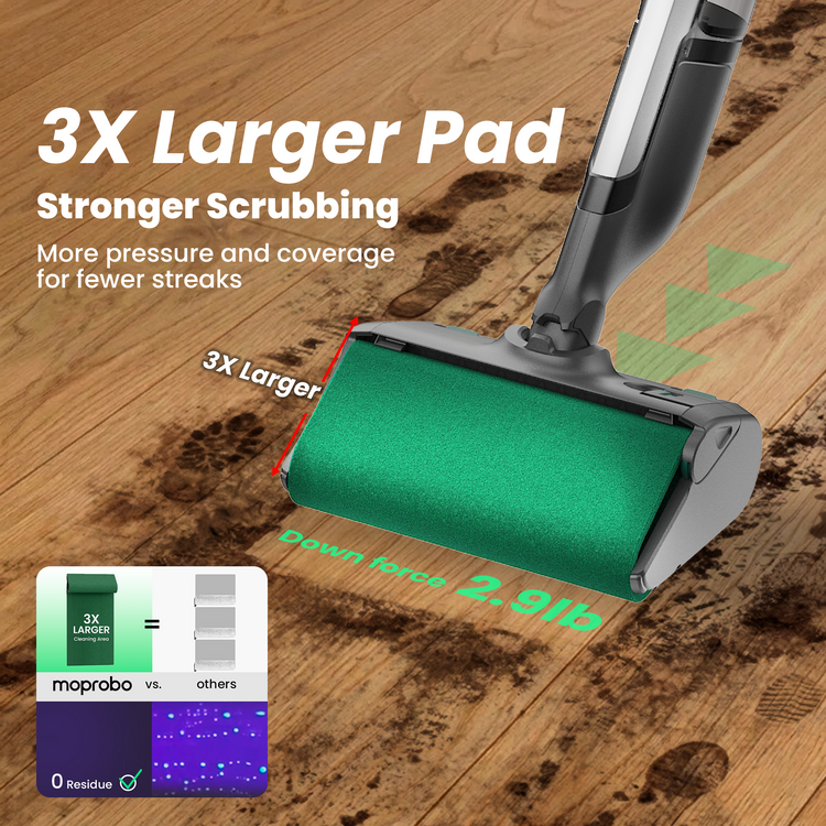Mop with a larger green pad on a wooden floor with paw prints, highlighting its scrubbing power.