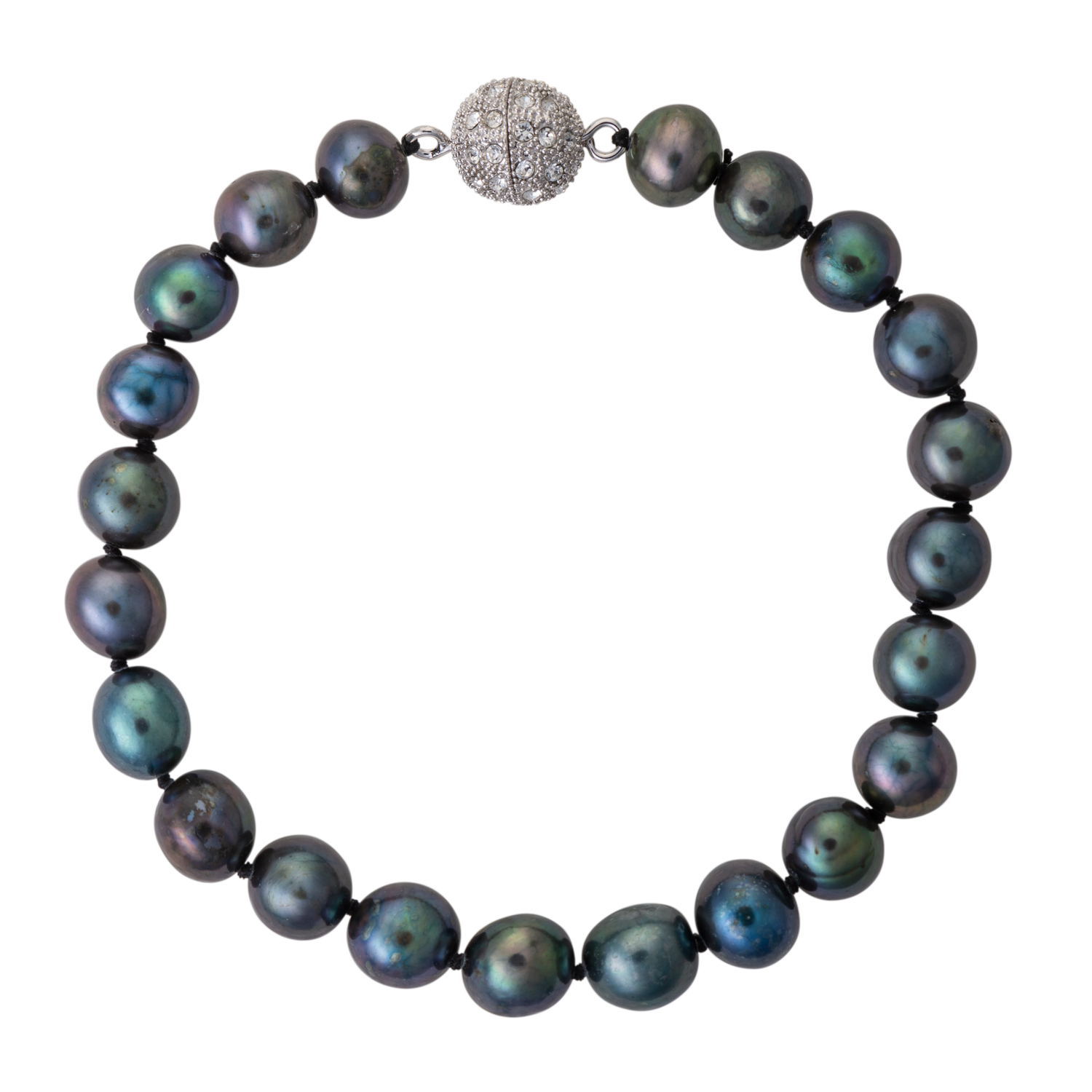 Necklace with dark pearls and a textured silver clasp on a white background