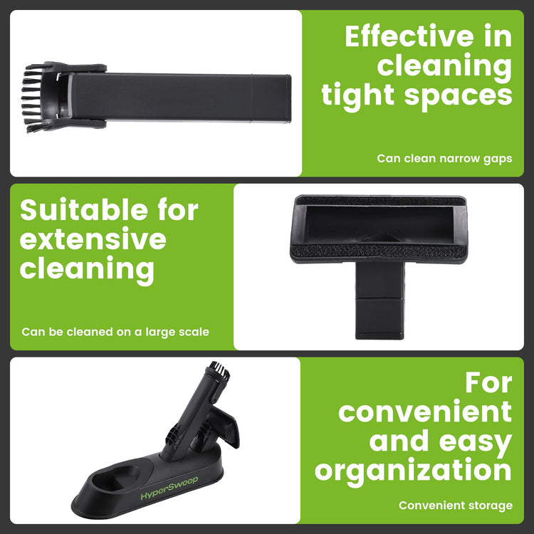 Black cleaning tool with features highlighted on a white background