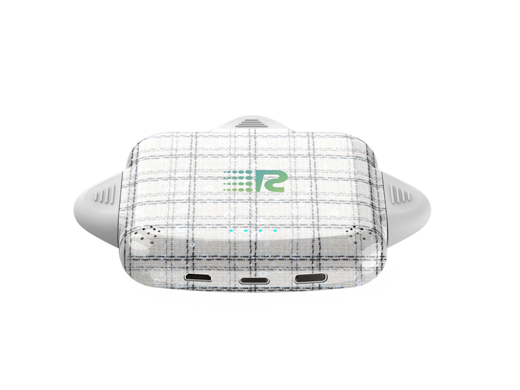 Plaid-patterned electronic device with a logo on a white background