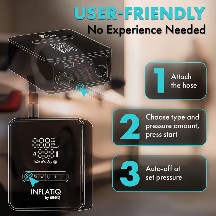 Inflation device with user instructions and brand logo on a blurred background