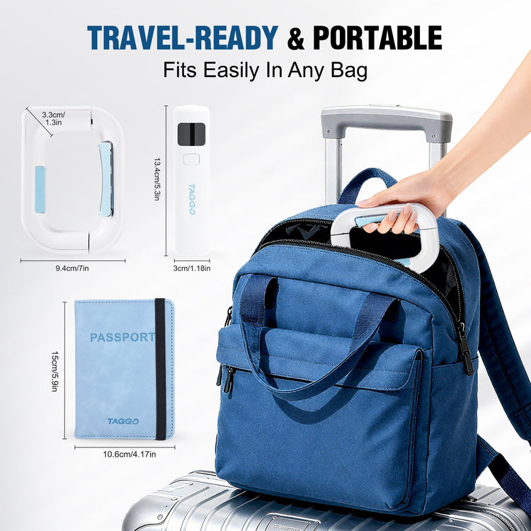 Blue backpack on a suitcase with dimensions and passport holder shown, labeled 'Travel-Ready & Portable'.