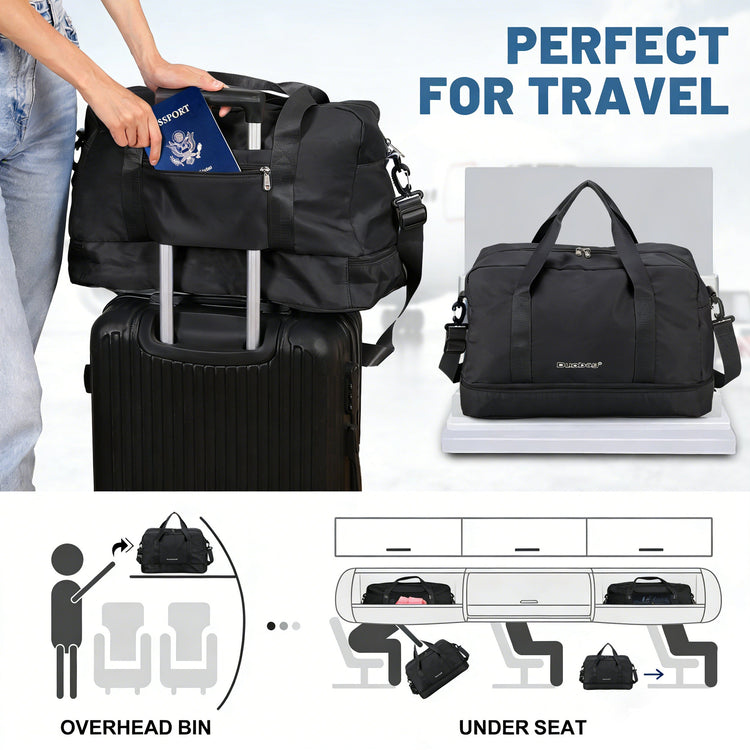 Black travel bag with a suitcase, passport, and diagram showing its use in overhead bins and under seats.