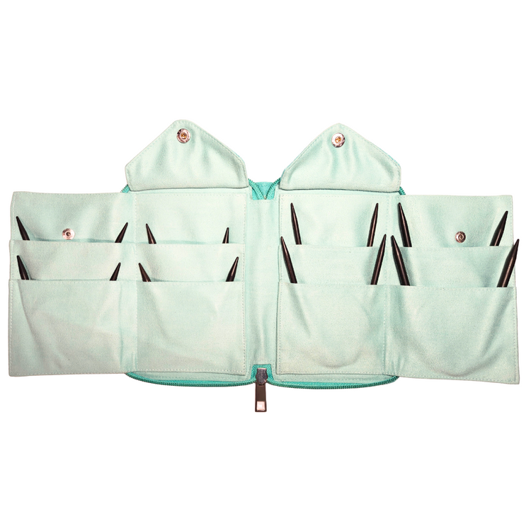 Light blue fabric organizer with multiple pockets on a white background