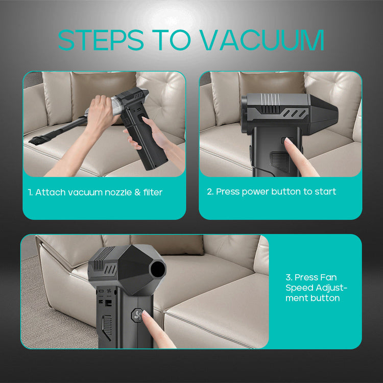 Instructions on how to use a vacuum cleaner on a sofa with text overlay.