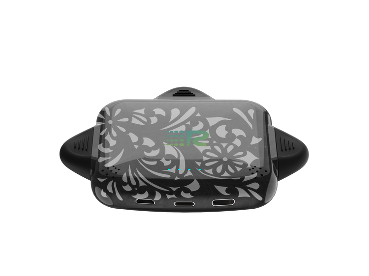 Black electronic device with floral design on a white background