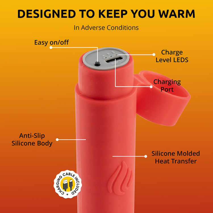 Red portable heating device with features labeled on an orange background